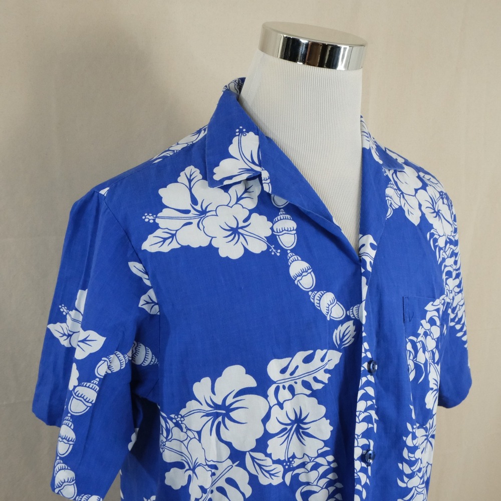 Hilo Hattie Large Vitnage Hawaiian Aloha Shirt Blue Floral Hibiscus USA Made